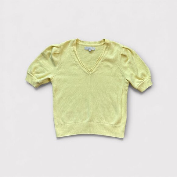 Loft Sweater Womens Large Yellow Short Sleeve V Neck Puff Sleeve Cotton - Picture 1 of 8
